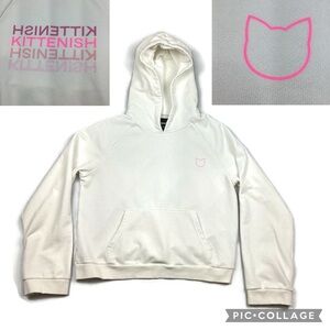 Kittenish White Pullover Hoodie with Pink Logo